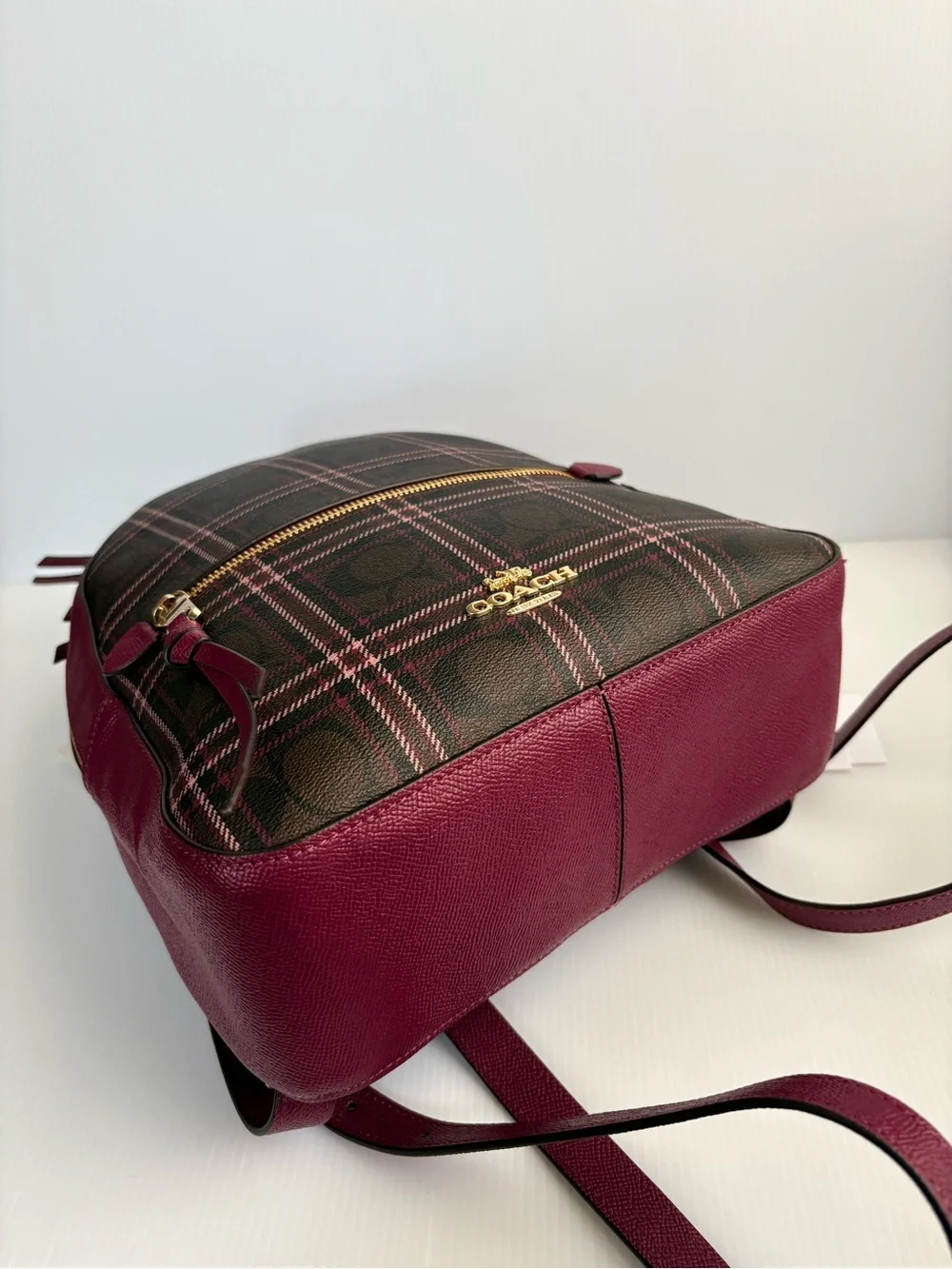Coach Jordyn Backpack  Signature Plaid Brown/Fuchsia MFSRP $428 NWT